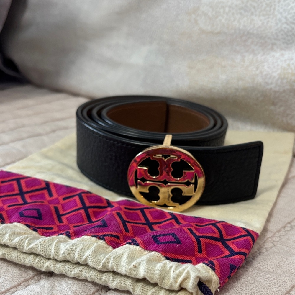 Tory Burch Black/Brown Reversible Belt with Gold Buckle